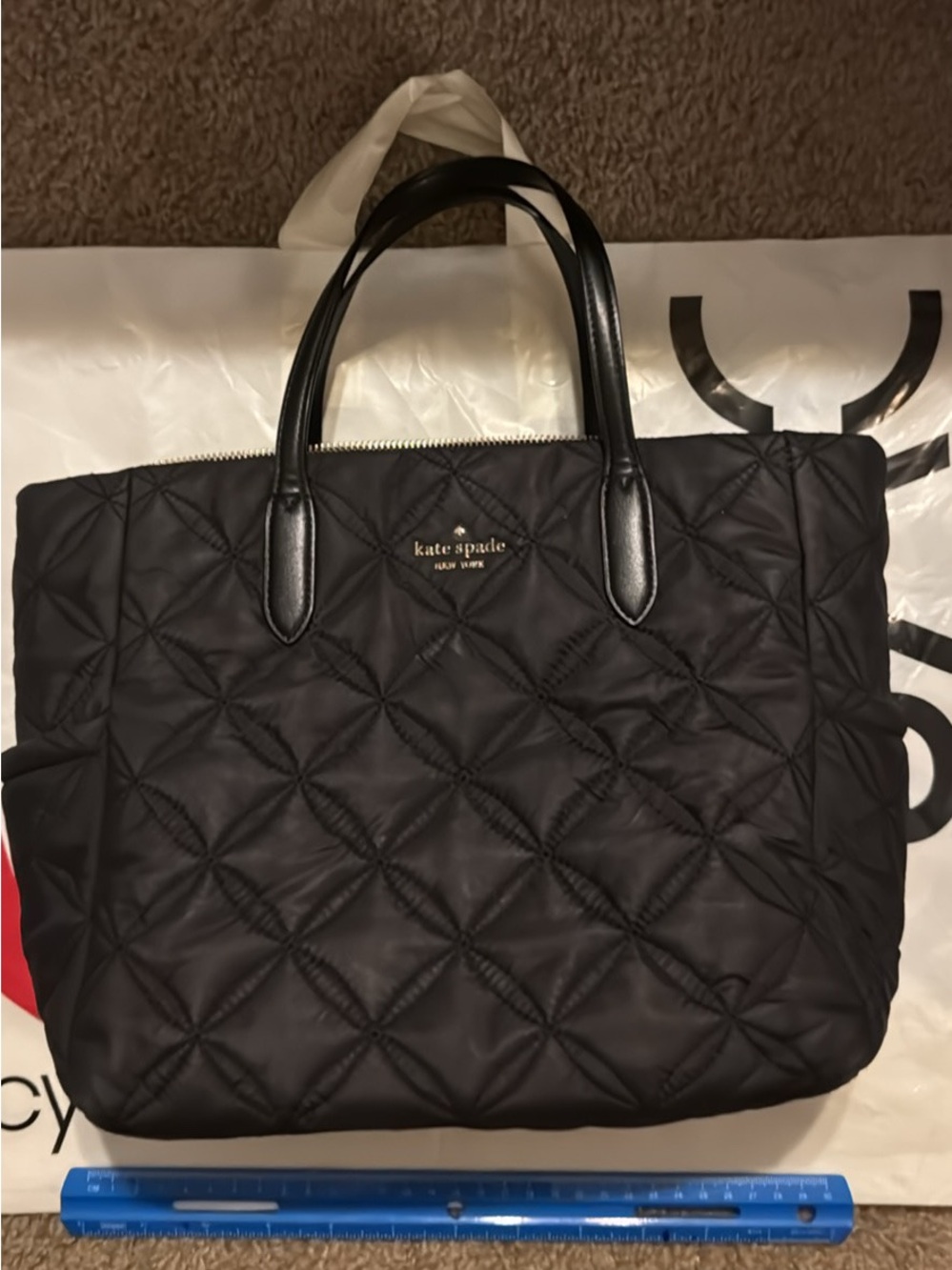 kate spade black quilted tote with leather handles